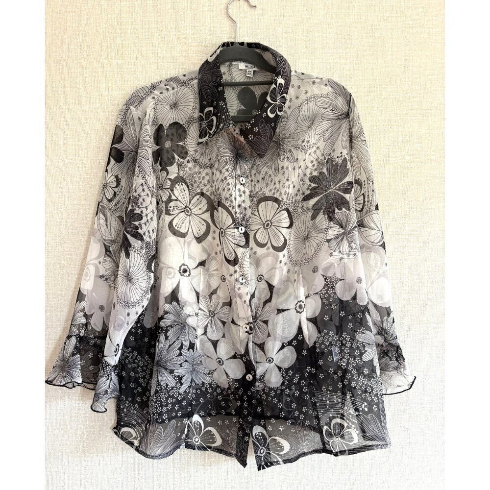 Nicola Women's Black & White Floral Sheer Button-Up Blouse Size 2X